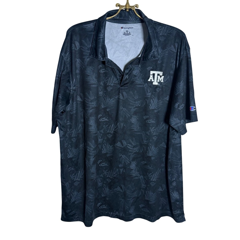Champion Texas A&M Aggies Mens 2XL Black Tropical Palm Print‎ Polo Shirt NCAA